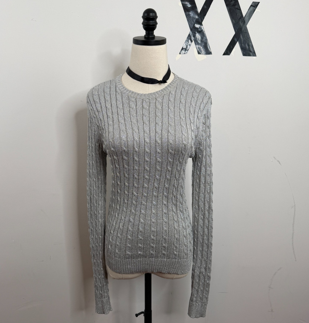 Lauren Ralph Lauren Silver Silk Blend Metallic Lurex Cable Knit Crew Sweater M